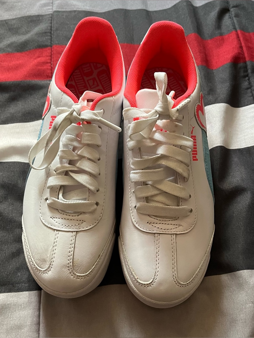 Puma White Leather Sneakers with Coral Lining and Aqua Accent